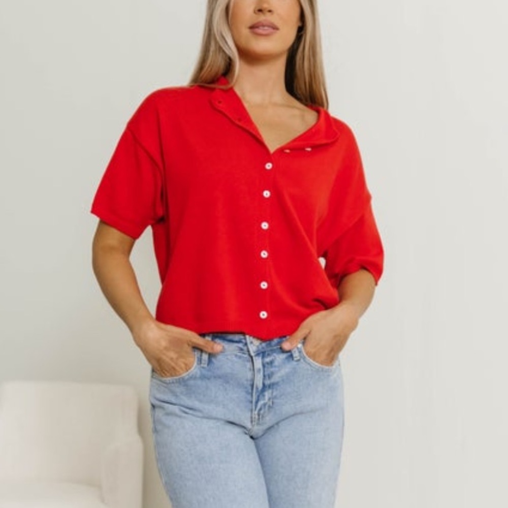 100% Cotton Short Sleeve Knit
Cardigan in Red